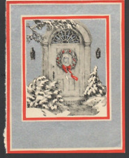 Vintage Christmas Card 1920-30s Silver toned Snowy Front Porch Door w/ Wreath picture