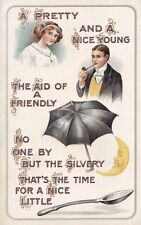 Vintage Rebus Postcard, Romance, Moon, Spoon, Umbrella, embossed BB London picture