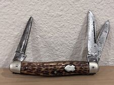 c1930s UK&R Co Folding 3 Blade Pocket Knife Deer Antler Handle Vintage picture