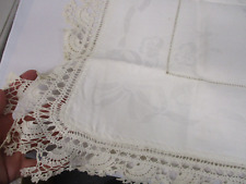 ANTIQUE LINEN DAMASK TABLECLOTH TABLE SCARF with HAND CROCHET picture