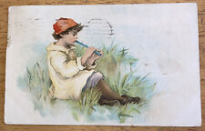 Antique 1908 Boy Playing a Flute Art Postcard New Orleans Franklin 1 Cent Stamp picture