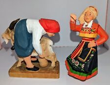 Henning Norway Milkmaid Lady & Goat Vtg Hand Carved Wood Sculpture +Dancing Girl picture