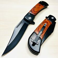 8.75”Wood Black Tactical Spring Assisted Open Blade Folding Pocket Knife Hunting picture