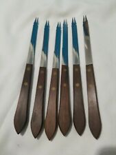 6 Vintage Geneva Stainless Knives Wood Double Pronged Tip Serrated Blade USA picture