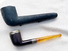 VINTAGE / ANTIQUE AMBER TOBACCO PIPE IN CASE STERLING SILVER EDGED GENTS SMOKING picture
