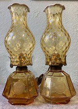 Vintage Fostoria Amber Topaz Opalescent Glass Coin Dot Electric Coach Lamp Pair picture