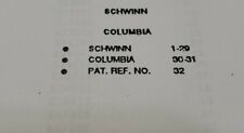 SCHWINN 1948-1979 SERIAL NUMBER BOOK. Includes Shelby, Columbia & Patent #/dates picture