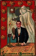 Halloween Gel Postcard Robert Kathmann Man Sees Reflection of Ghost Black Cat picture