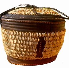 COWRIE SHELL EX. Large Hausa/ Black Leather Trim BASKET- Africa- VINTAGE*** picture