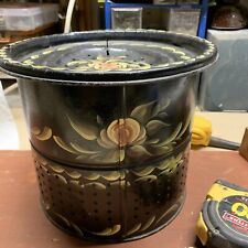 Vintage Fisherman’s Tin Catch Pot Hand  painted Floral Tole Design W/ Hinged Lid picture