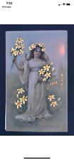 Hold to Light Postcard~Joyful EASTER~Angel Holding Flowers~c1910 picture