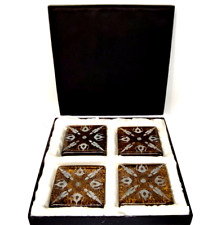 4 Vtg Bombay Company Fused Thick Glass Gold/Amber Tortoise Shell Etched Coasters picture
