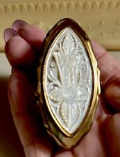 Vtg Signed STRATTON ENGLAND Carved Mother Of Pearl Lipstick Holder w/Mirror EUC picture