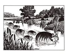 Cats Swimming Upstream River Creek Cattails Kliban Cat Print Black White Vintage picture