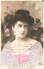 Vintage Postcard 1907 Beautiful Lady Woman Edwardian Hair Background Flowers picture