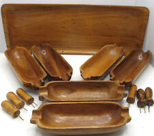6 Vintage MCM Monkey Pod Wood Corn Cob Holders Tray Spears Bowls Hand Carved picture