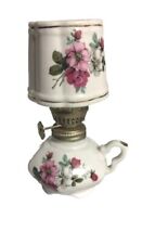 Vintage Miniature Ceramic Oil Lamp Lantern White with Purple Flowers and Chimney picture