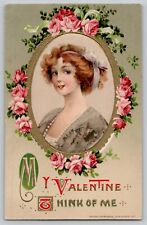1912 Winsch Samuel Schmucker My Valentine Vintage Postcard Beautiful Woman Roses picture