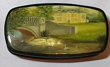Signed Russian Trinket Box Pedockuho Hartwell House Landmark Black Lacquered VTG picture