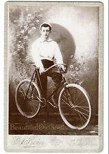 Antique Cabinet Card Photograph Handsome Young Man on Bicycle Flowers Elkhart IN picture