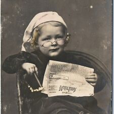 c1910s Germany Handsome Little Boy Reading & Smoking Cigar RPPC Real Photo A141 picture