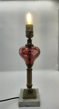 Vintage/Antique Cranberry Cut to Clear and Brass Lamp on Marble Base WORKS14 IN picture