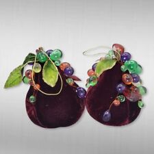 Vintage Magenta Velvet Beaded Pears Green Silk Leaves Ornaments Set of Two picture