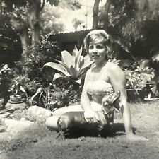 VINTAGE PHOTO 1963 Sexy Blonde Woman Holding Dachshund Dog Revealing Bikini picture