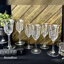 Lenox Fontaine Wine Glasses Etched Flowers Gold Rim Vintage 6 3/4