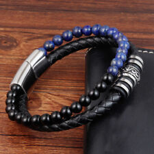 1PC Men's Natural Gemstone Leather Braided Bracelet Stainless Steel Bangle Gift picture