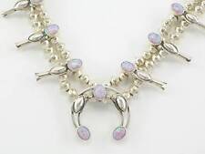 Vintage Native American Sterling Silver Pink Lab Opal Squash Blossom Necklace picture