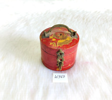 Antique Red Yellow Lacquered Handmade Wooden Box Round Brass Latch & Handle W960 picture
