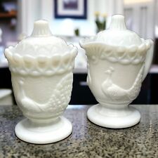 Antique WESTMORELAND Raised Relief PEACOCK Milk Glass Lidded Cream & Sugar Set picture