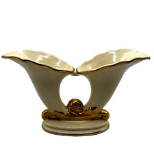 Vintage c1940s Double Cornucopia Ivory Gold Trim Horn Of Plenty Centerpiece Vase picture