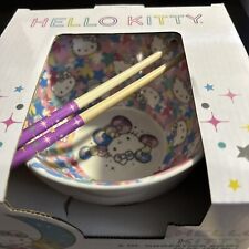 NEW Hello Kitty Ceramic Ramen Bowl 20 Oz With Chopsticks Bow Rainbow Stars picture
