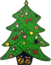 VTG Christmas Tree Suncatcher Plastic Stained Glass w/ Ornaments & Presents 8.5” picture