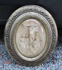 LARGE antique 19thc meerschaum carved crucifixion christ globe glass convex picture