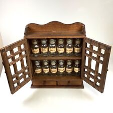 Vtg 1970s Herbs Spices 12 Labeled Bottles Wooden Spice Rack Wood Hanging Cabinet picture