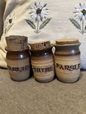 3 Vintage Handmade Pottery Spice Jars Signed Crown 1981 Stoneware Cork Lid picture