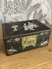Antique Black Lacquered Wood Box With Mother Of Pearl Inlay And Brass Hinged Lid picture
