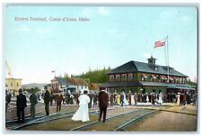 c1910 Electric Terminal Trolley Railway Crowd Depot Coeur d'Alene Idaho Postcard picture