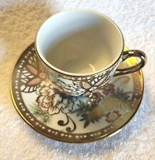 Demitasse Cup & Saucer, Gold tone all over, Beautiful flowers and leaves Vintage picture