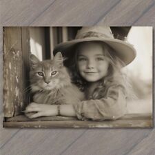POSTCARD Girl Happy Cat Weird Creepy Pet Old Vibe Unusual Cute Scary Strange Fun picture