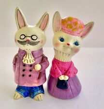 Japanese Vintage 1970s Bunny Rabbits Couple Figures Ceramic Pair Big Eyed Kitsch picture