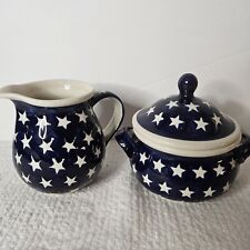 Boleslawiec Polish Pottery Creamer And Sugar Set With Lid  Blue And White Stars picture