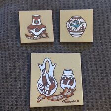 Lot Of 3 Vtg. Cleo Teissedre Pictographic Art Story Tile Hand Painted Basket picture