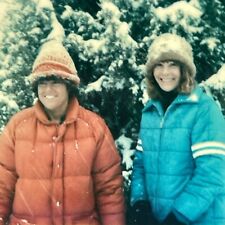 WF Photograph Cute Couple Big Smiles Snow Jackets Beanies Polaroid Winter 1980 picture
