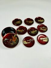 Vintage Japanese Lacquereware coaster Set Inlaid Mother Of Pearl 8 W/holder MCM picture