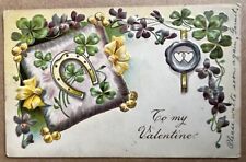 Antique Valentines Day Horseshoe Purple Pillow Shamrocks Embossed Postcard c1900 picture