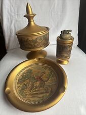 Vintage C. Fiorentine Italy Gold Trimmed Dish with Lid Ashtray Lighter Set picture